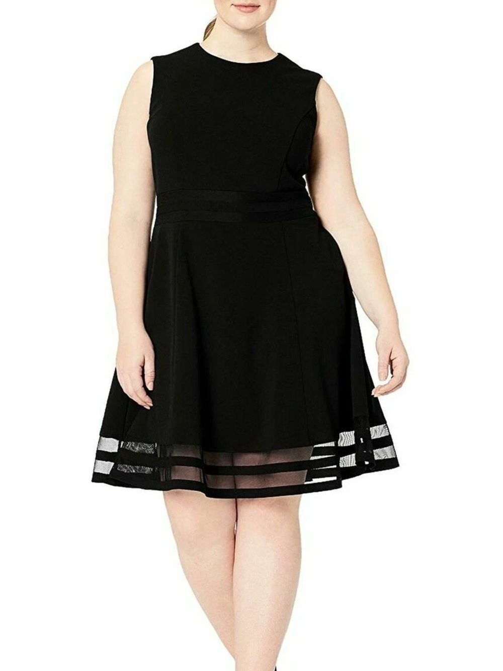 Calvin Klein Scuba Crepe Dress Black Sleeveless Fit Flare Sheer Hem Stripes Knee